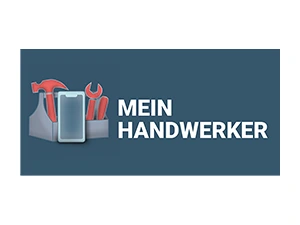 Logo von Mein Handwerker aus Bollschweil mit Werkzeugkasten und Smartphone auf blauem Hintergrund