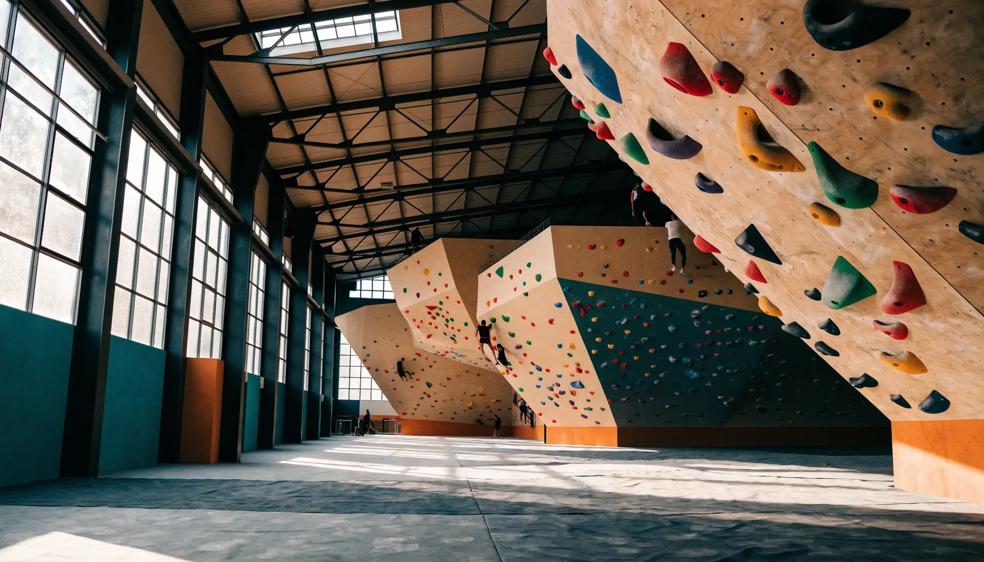 Boulderbereich im Kletterwerk Dreisam in Freiburg mit farbigen Griffen und Fallschutzmatten