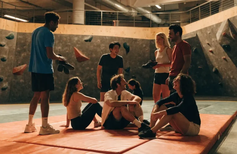Gruppe von Kollegen nach einer Bouldersession auf den Matten im Kletterwerk Dreisam