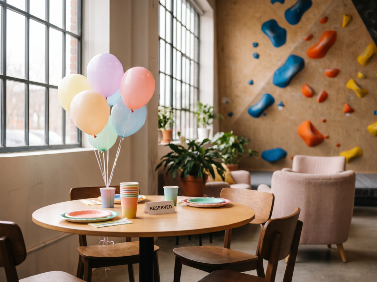 Gedeckter Tisch im Bistro des Kletterwerk Dreisam mit Luftballons, im Hintergrund die Boulderwand