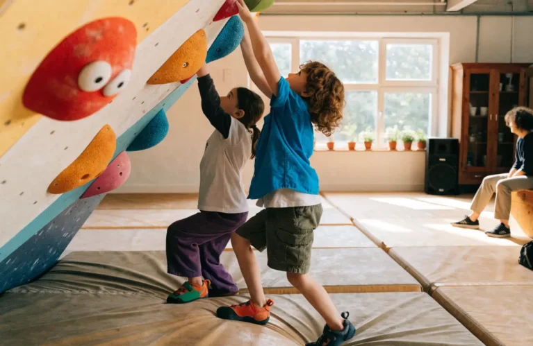 Zwei Kinder bouldern an einer niedrigen Wand im Kinderbereich des Kletterwerk Dreisam