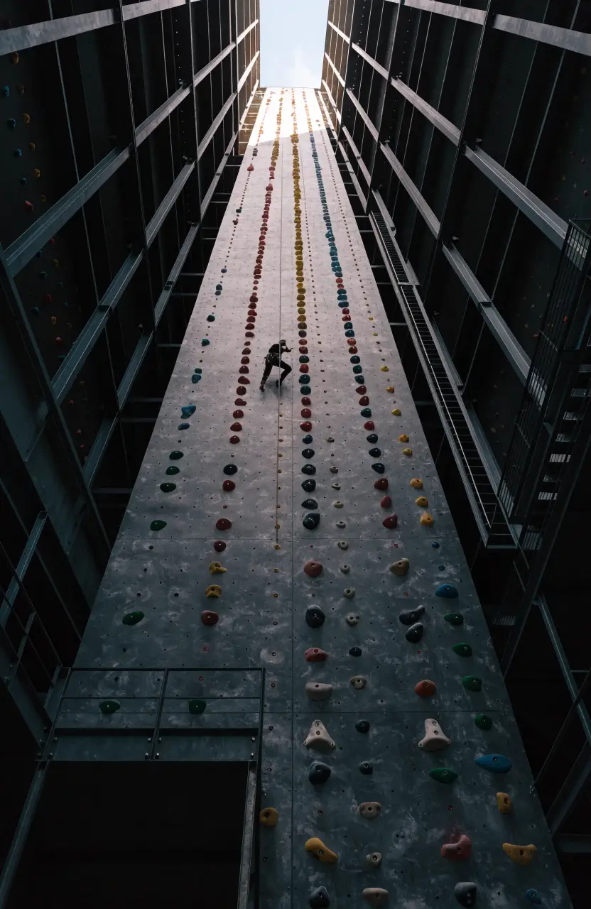 Blick an der 22 Meter hohen Kletterwand des Kletterwerk Dreisam nach oben