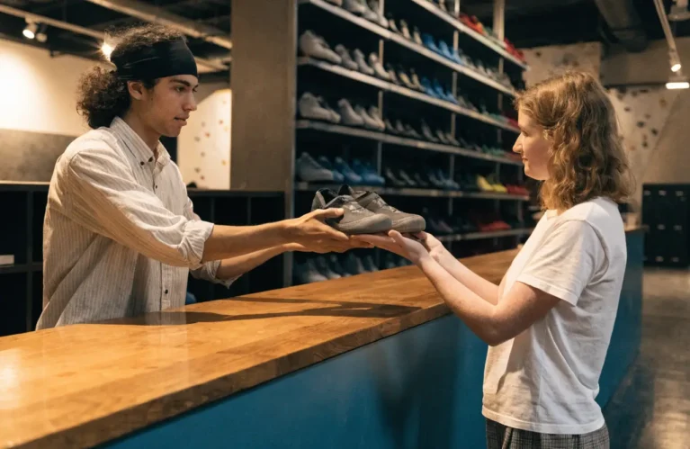 Mitarbeiterin gibt Leihkletterschuhe an der Theke des Kletterwerk Dreisam aus